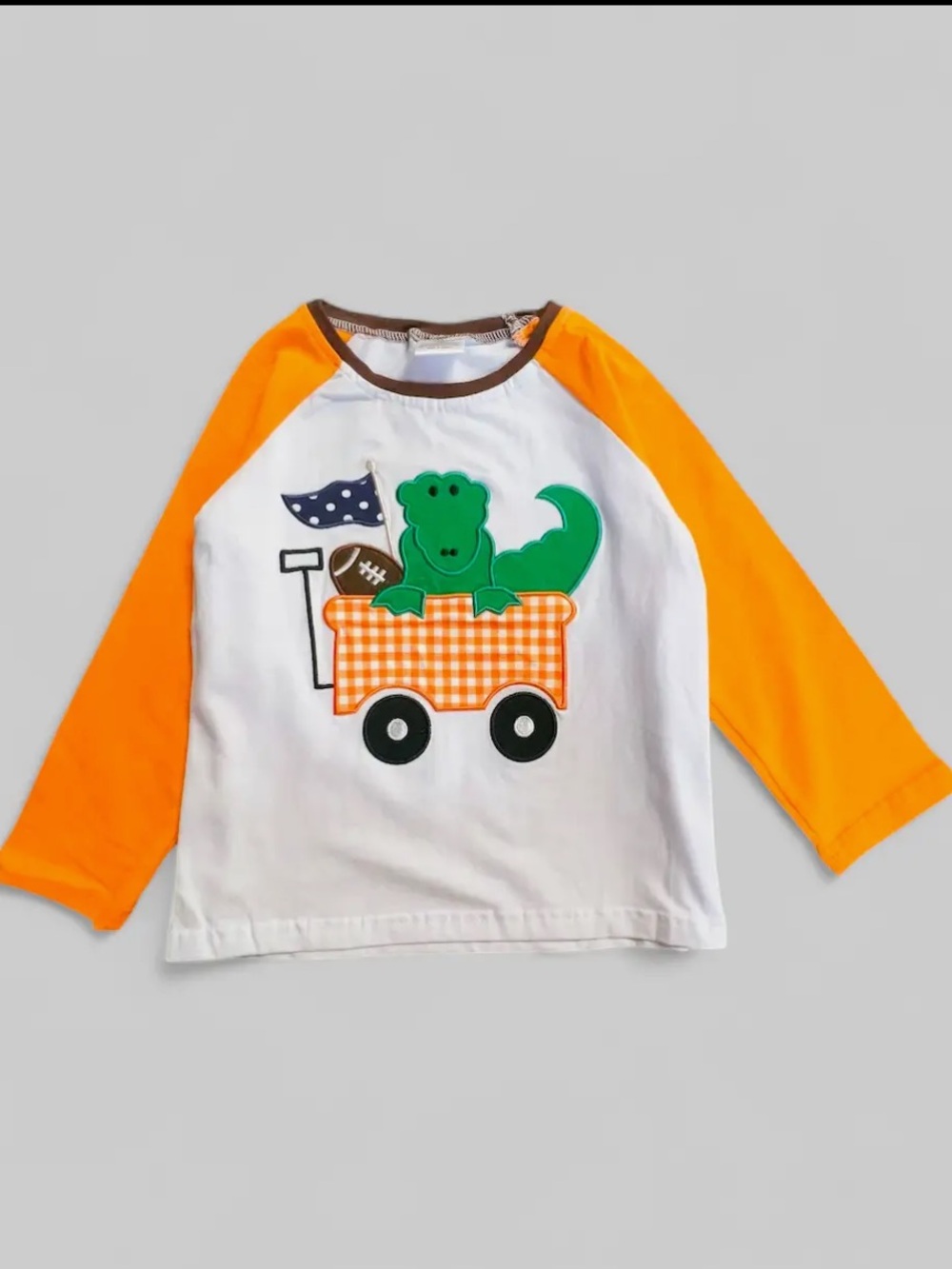 Orange & White Raglan Kids Top with Green Dino Wagon Applique NIP